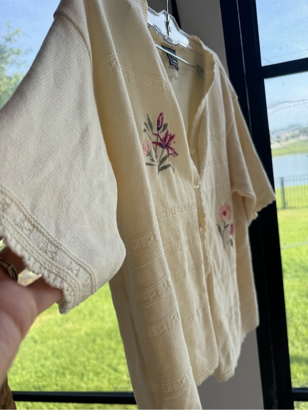 Southern Lady Cream Knit Short Sleeve button up sweater  with Textured Stitch